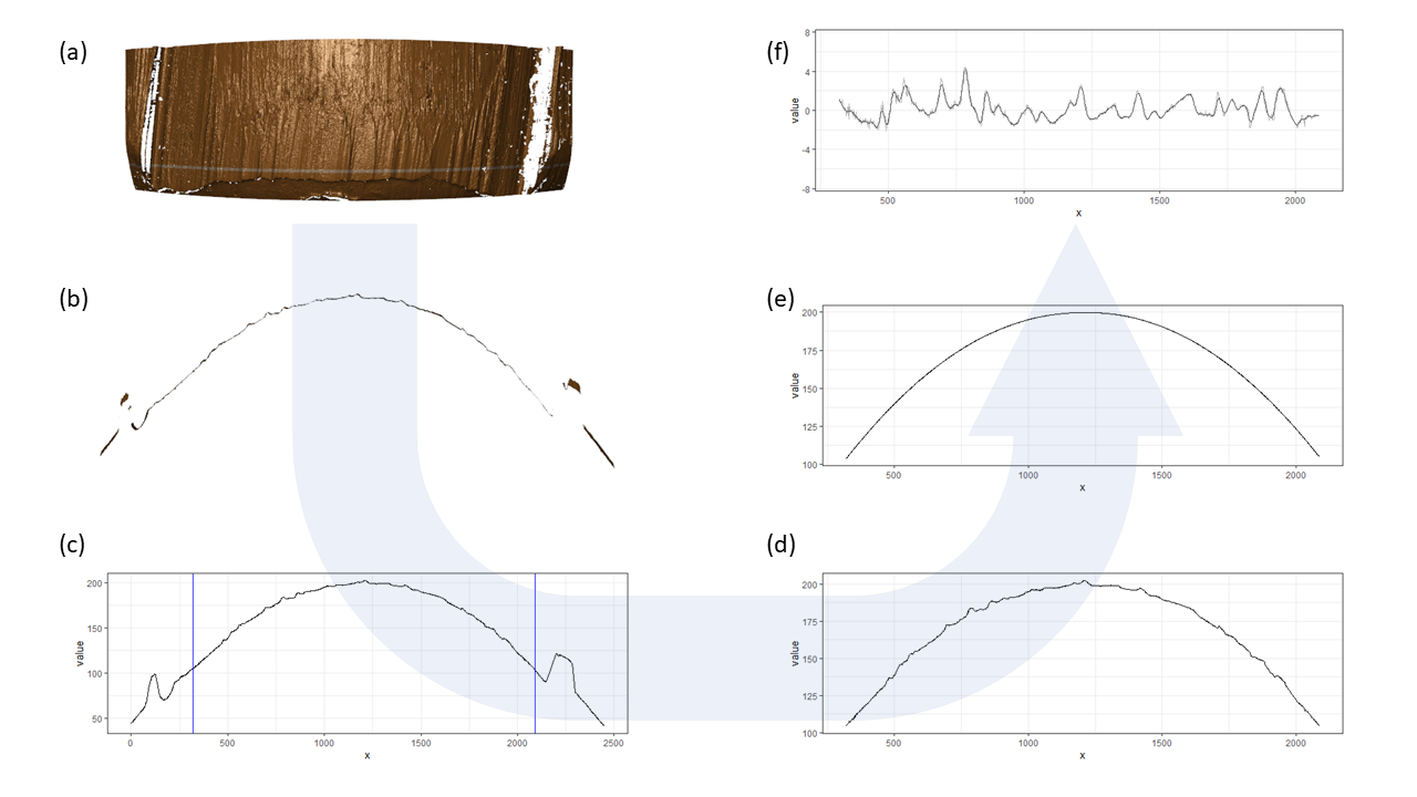 (a) front view of a scanned land engraved area (LEA). The optimized crosscut location is indicated by the white line. (b) view of the cross-section of the land engraved area at the white line in (a). (c) the crosscut data plotted in 2D; blue vertical lines indicate the position of left and right grooves (d) the crosscut data after chopping the left and right grooves (e) the fitted curvature using LOESS (f) after removing the curvature from the crosscut data, the bullet signature is obtained