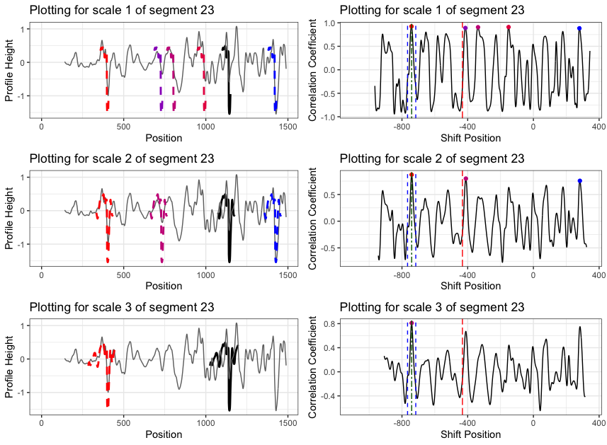 the segment analysis plot of segment 23. It shows that segment 23 does find a consistent correlation peak on position -741, which suggests that the reference profile should shift to the left by 741 units.