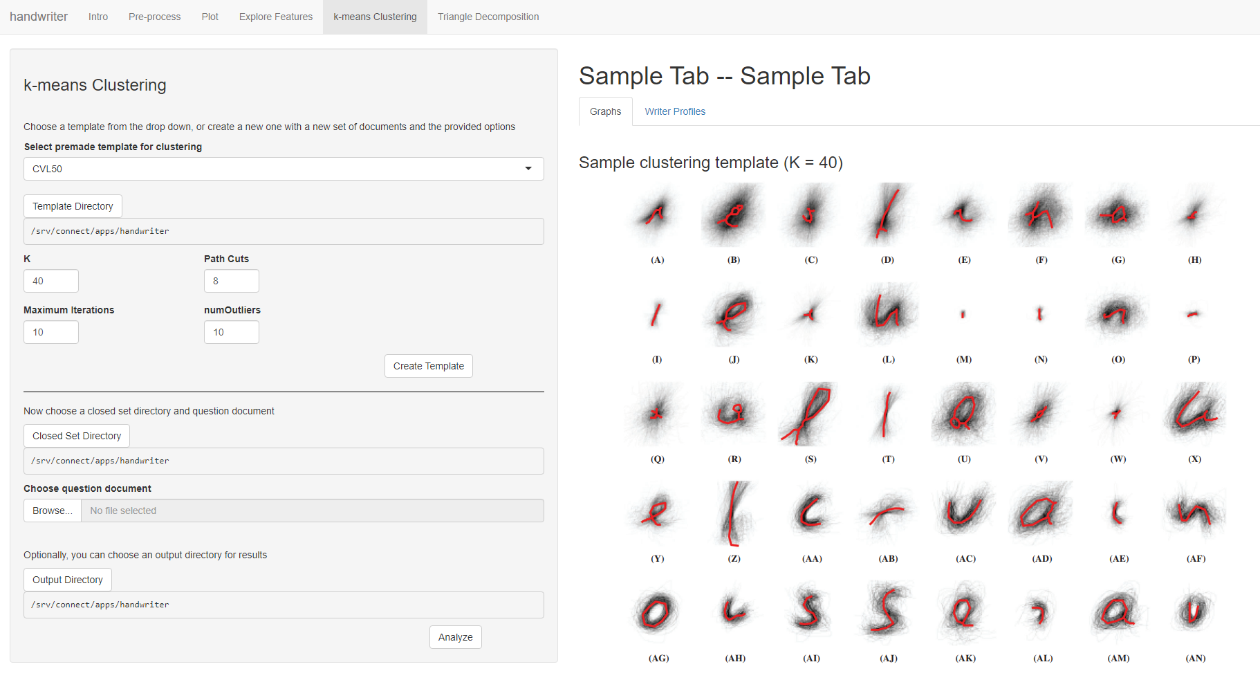 Users will be able to create a k-means clustering template or use a premade one, and then introduce a new known author set and question document